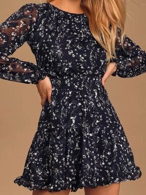 Too Cute Navy Blue Floral Print Smocked Long Sleeve Mini Dress S